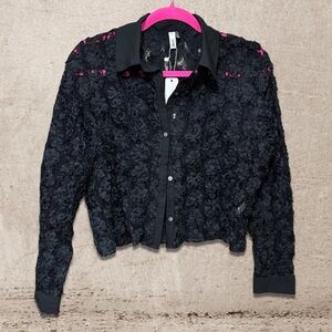 Glam Black Floral Lace Button-Up Blouse NWT